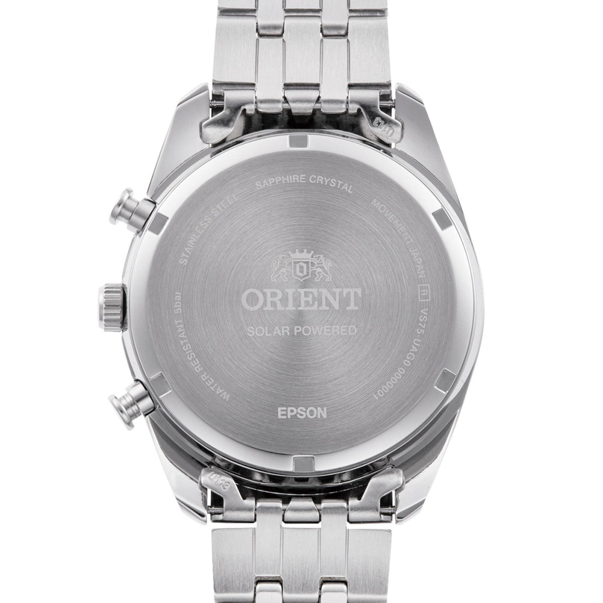 Steel watch case back with engraved text and four pushers, linked metal bracelet