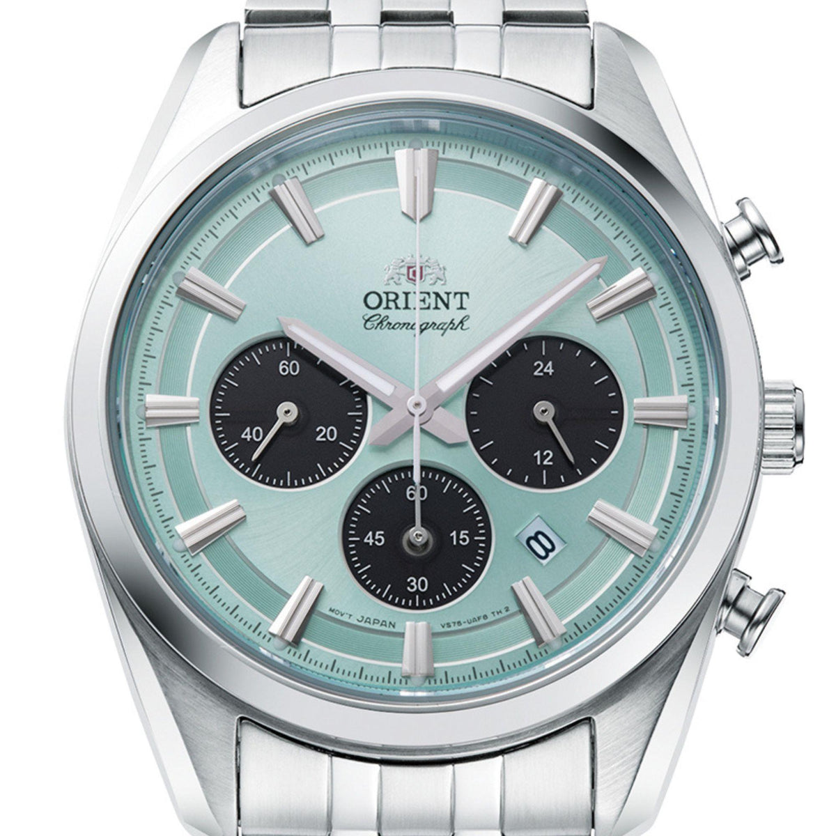 Solar chronograph watch with light blue dial, steel case, and black chronograph subdials.