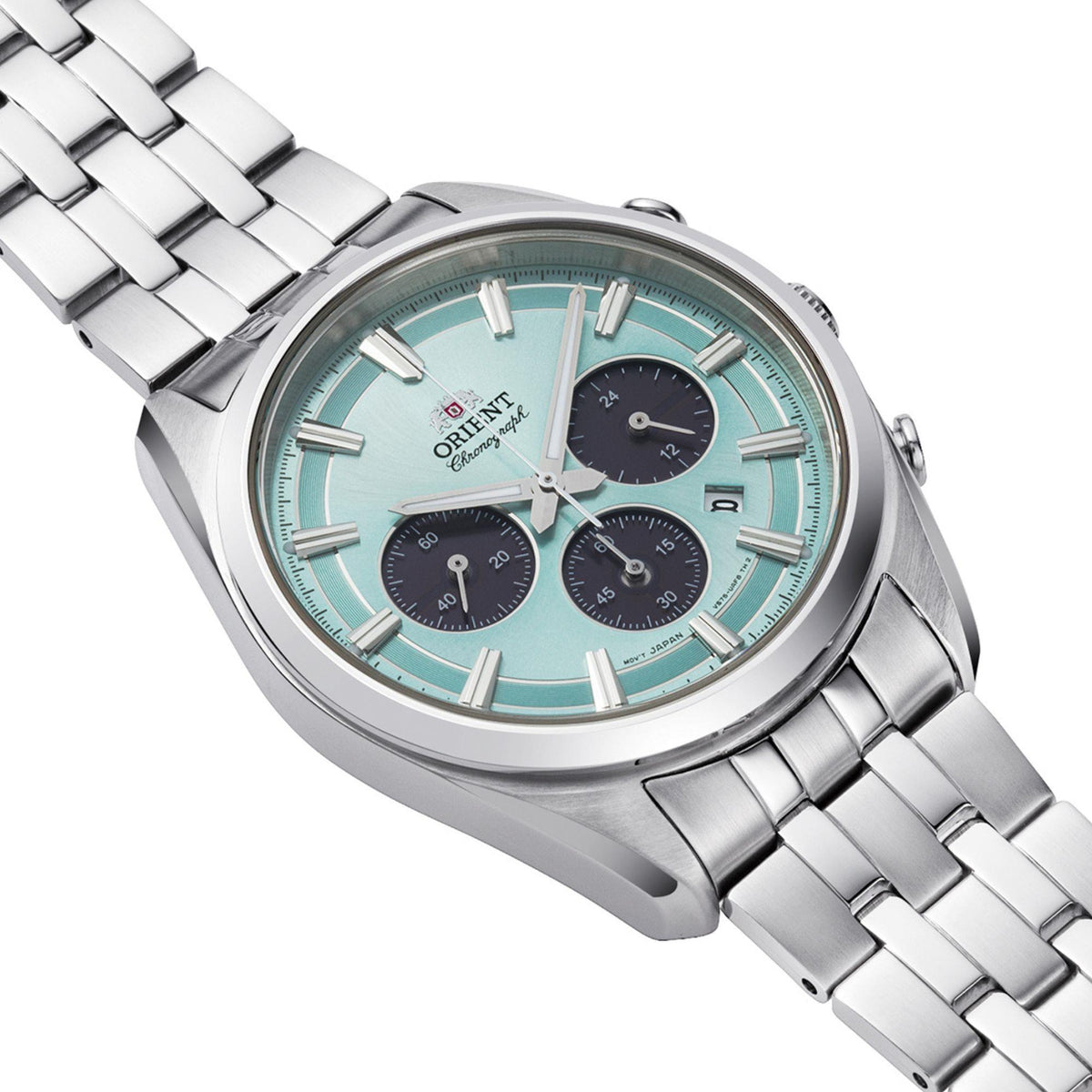 Solar chronograph wristwatch with light blue dial, steel bracelet, and three chronograph counters.