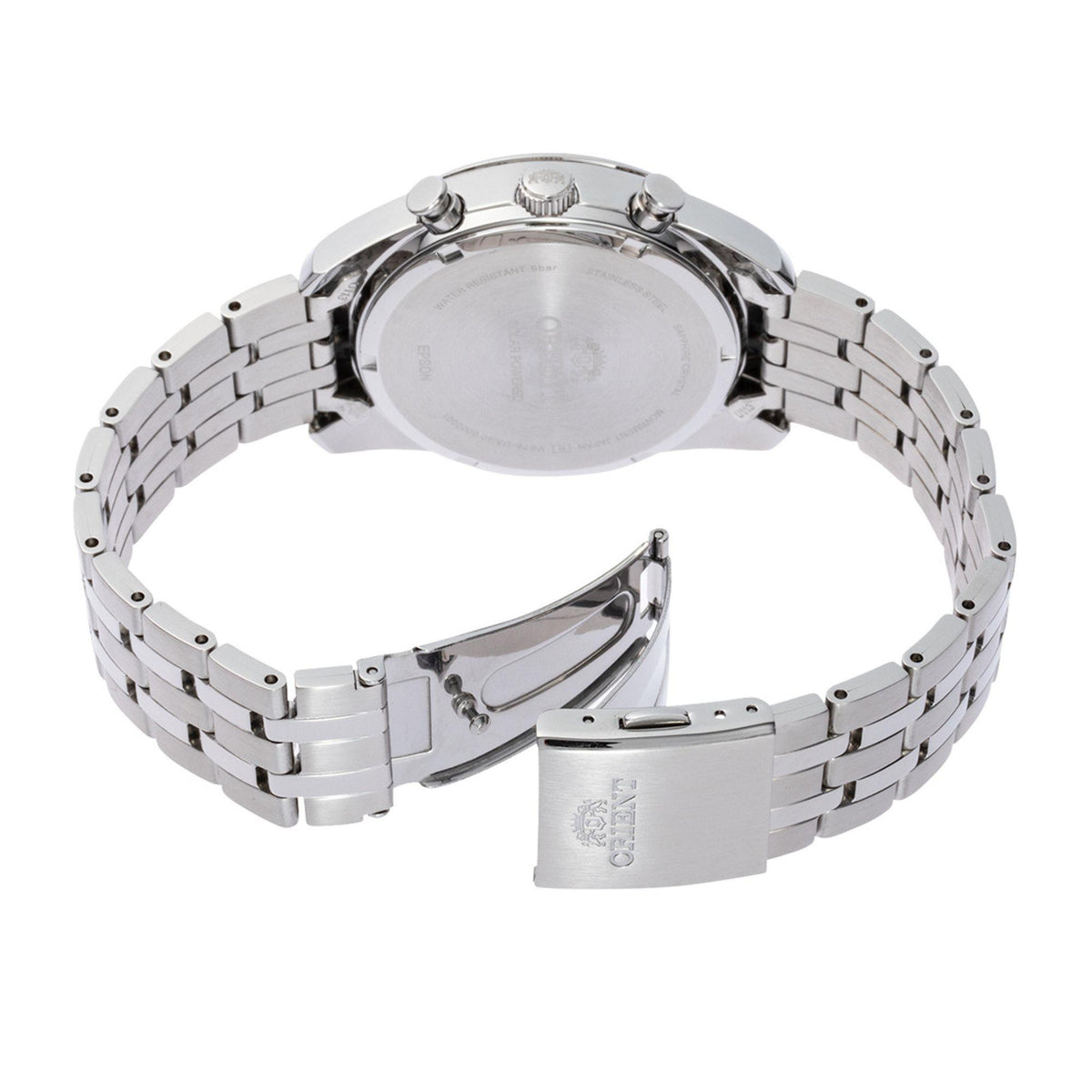 Steel watch bracelet with fold-over clasp and underside caseback viewed from above.