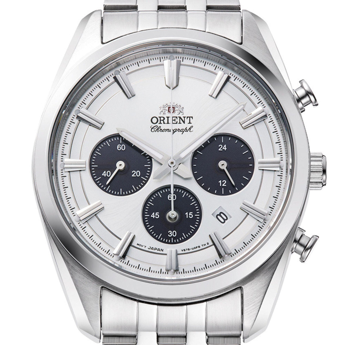 Steel men’s chronograph watch with white dial, three subdials, and date marker