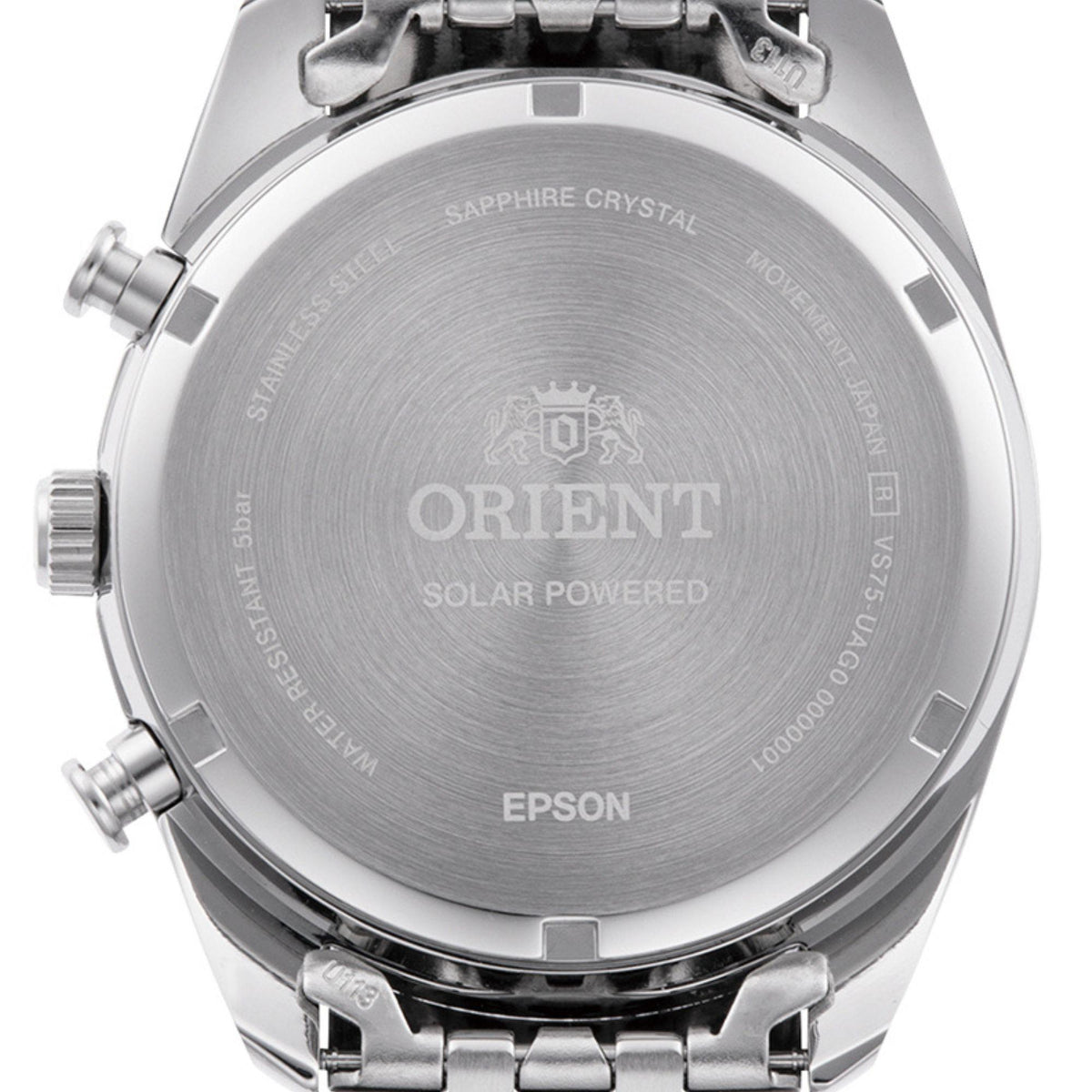 Steel case back of a solar-powered men’s chronograph watch with engraved markings