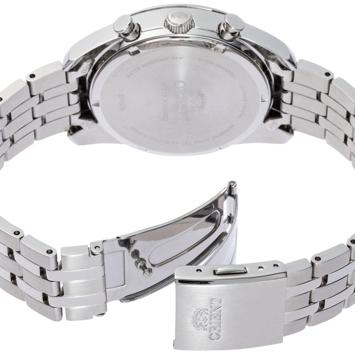 Steel bracelet and case back view of a men’s solar chronograph watch