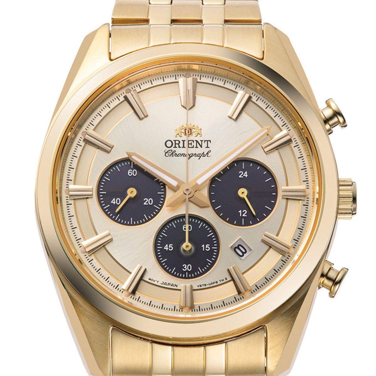 Gold chronograph wristwatch with champagne dial and three blue subdials, steel band.
