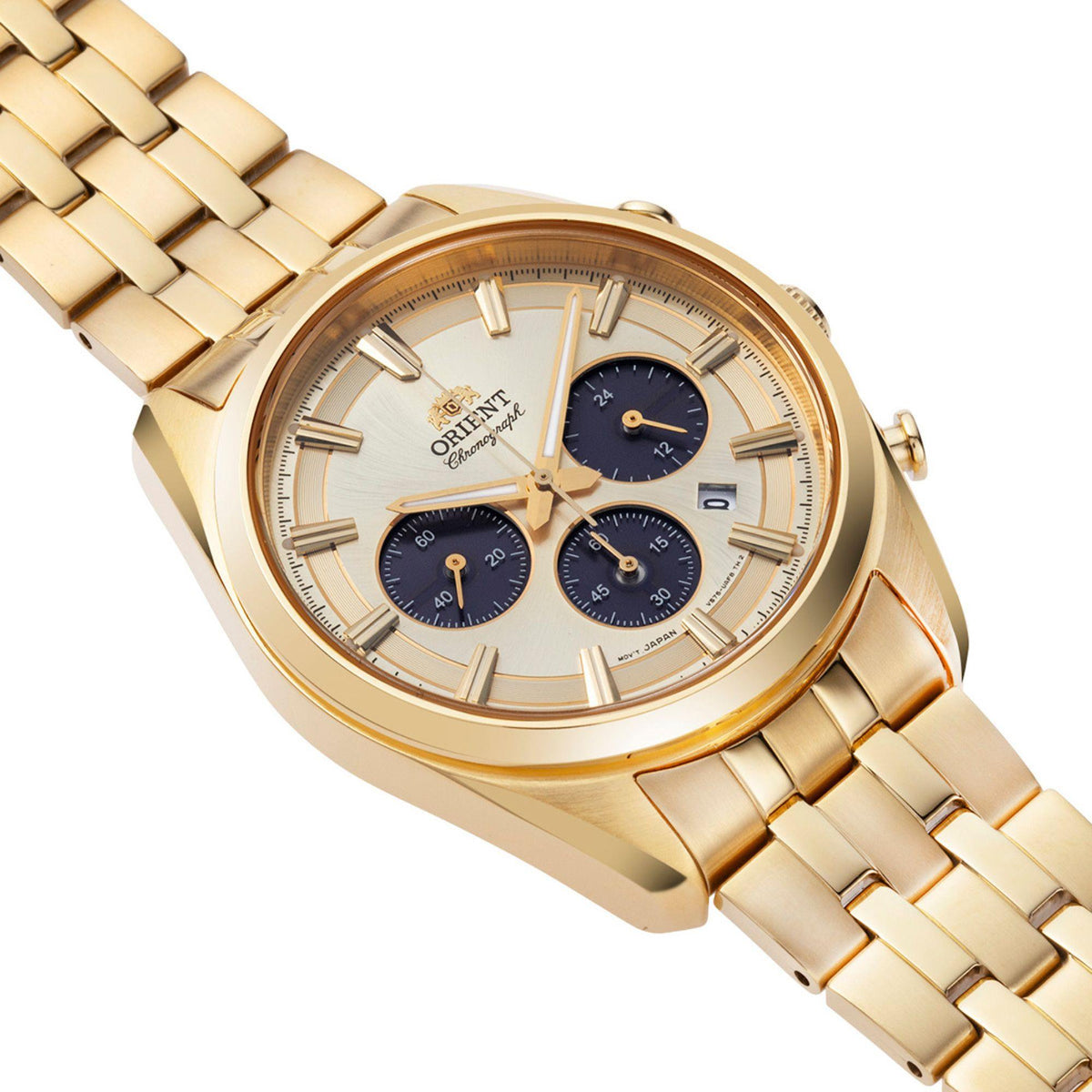 Gold solar chronograph watch angled view, champagne dial with blue subdials and crown.