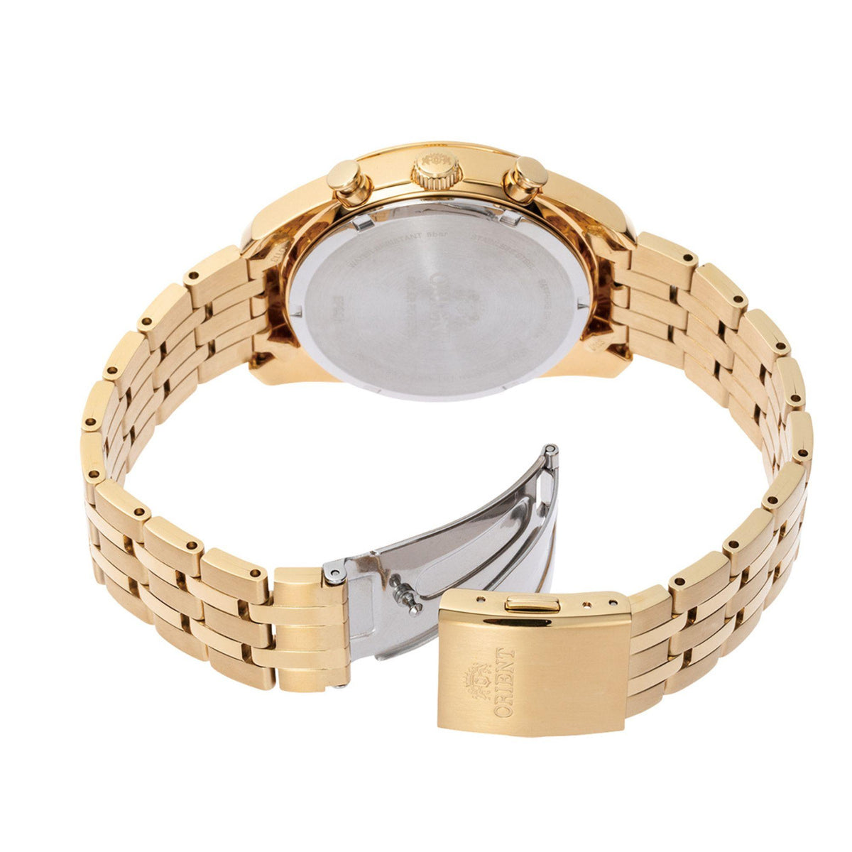 Gold steel watch band with clasp, showing back case with smooth circular surface.