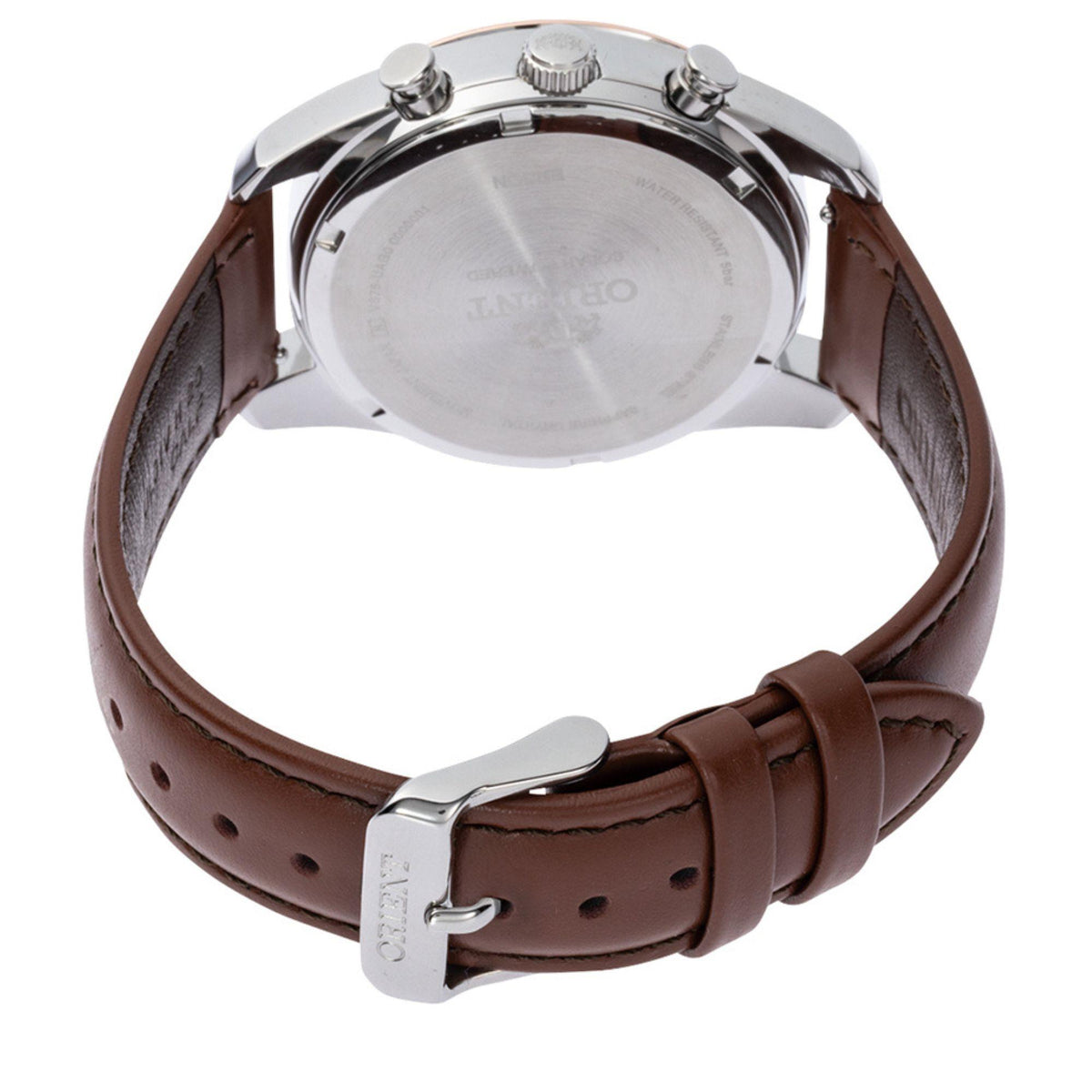 Solar watch with brown leather strap and silver buckle clasp, underside view