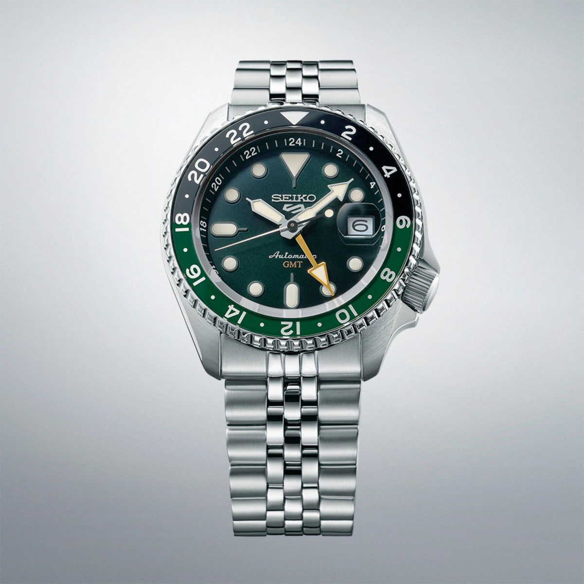 Seiko 5 Sports SSK035K1 green dial full front view with studio background