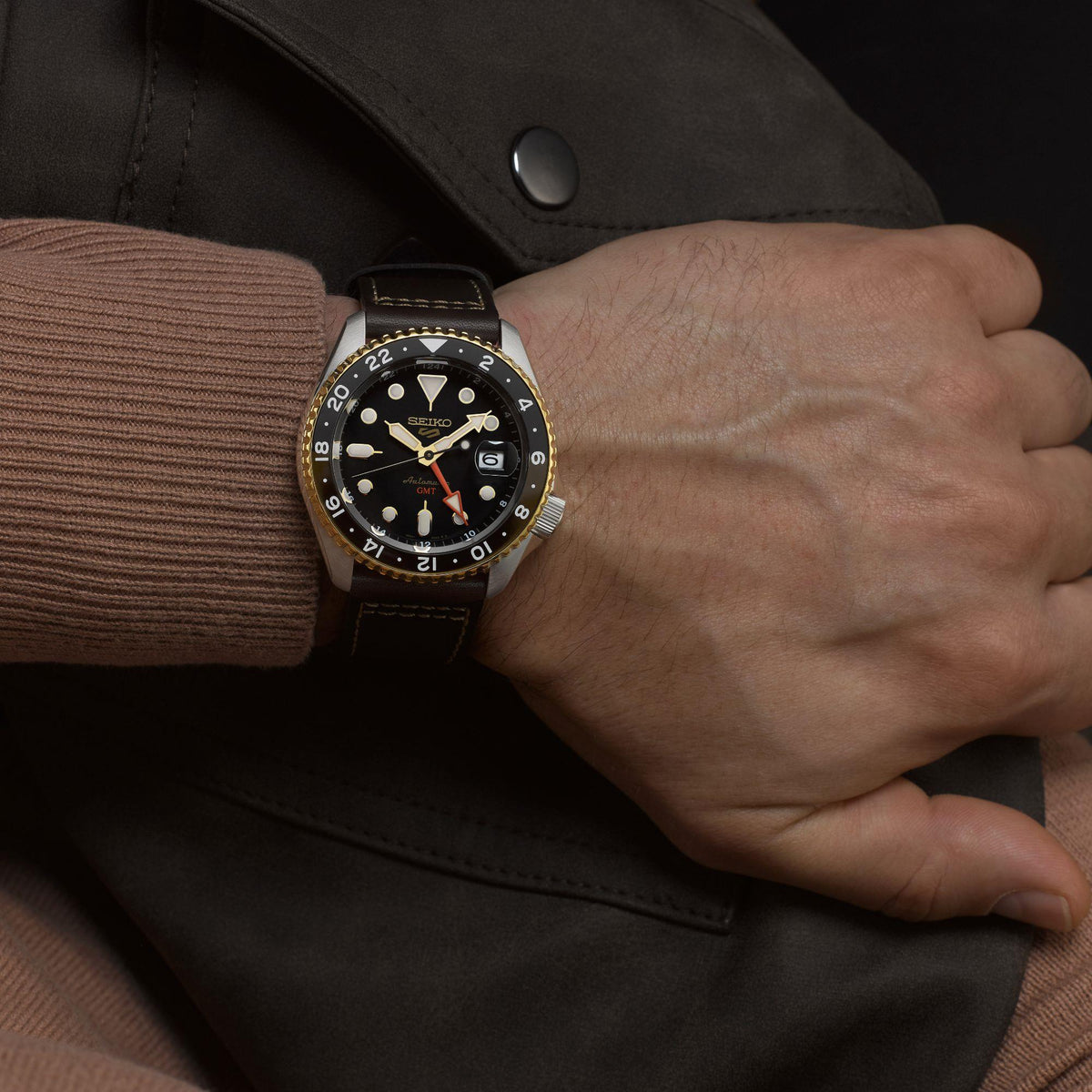Seiko 5 Sports SKX GMT Mocha SSK036K1 lifestyle on wrist view