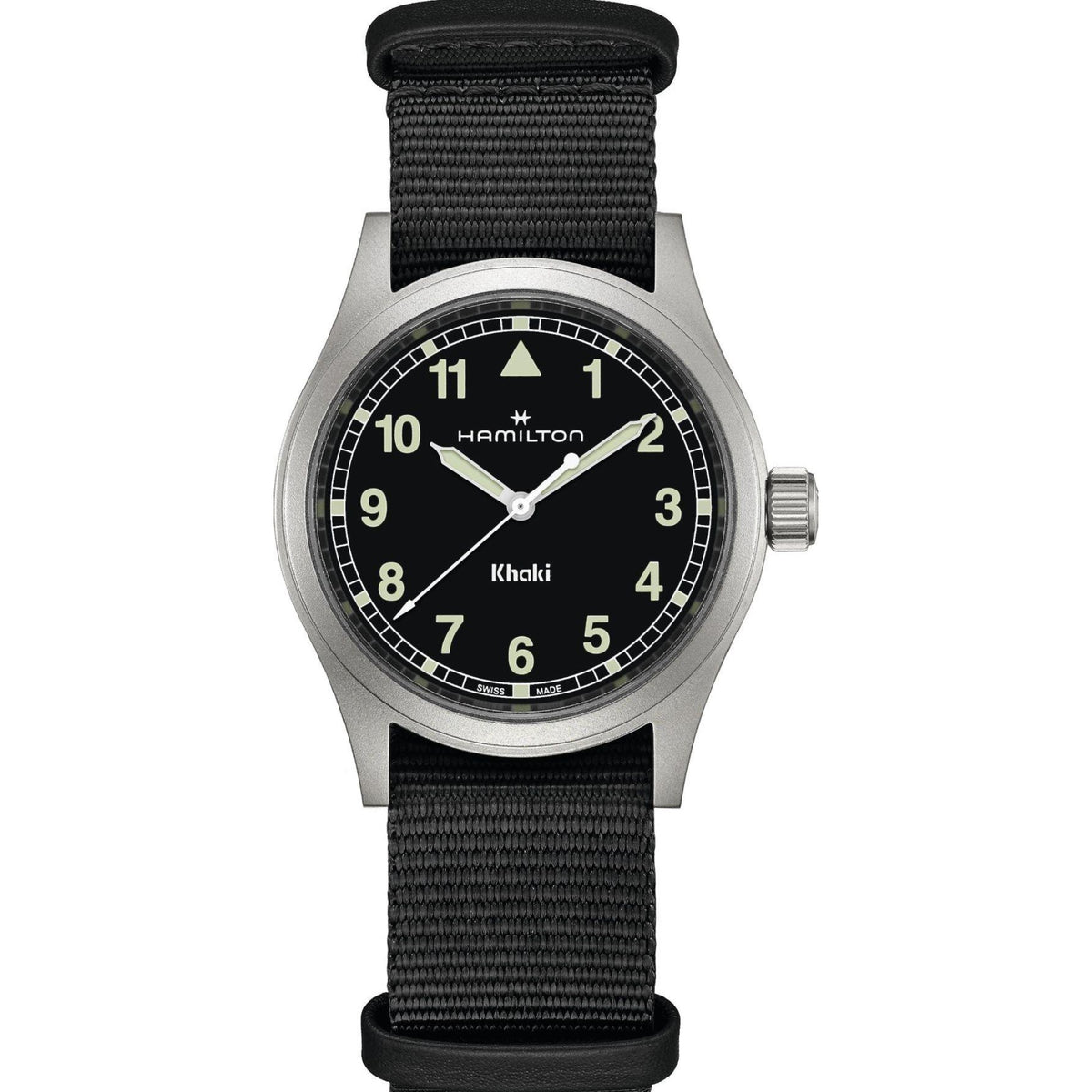 Hamilton Khaki Field H69401430 38mm quartz mens watch front view showing black dial and black NATO fabric strap