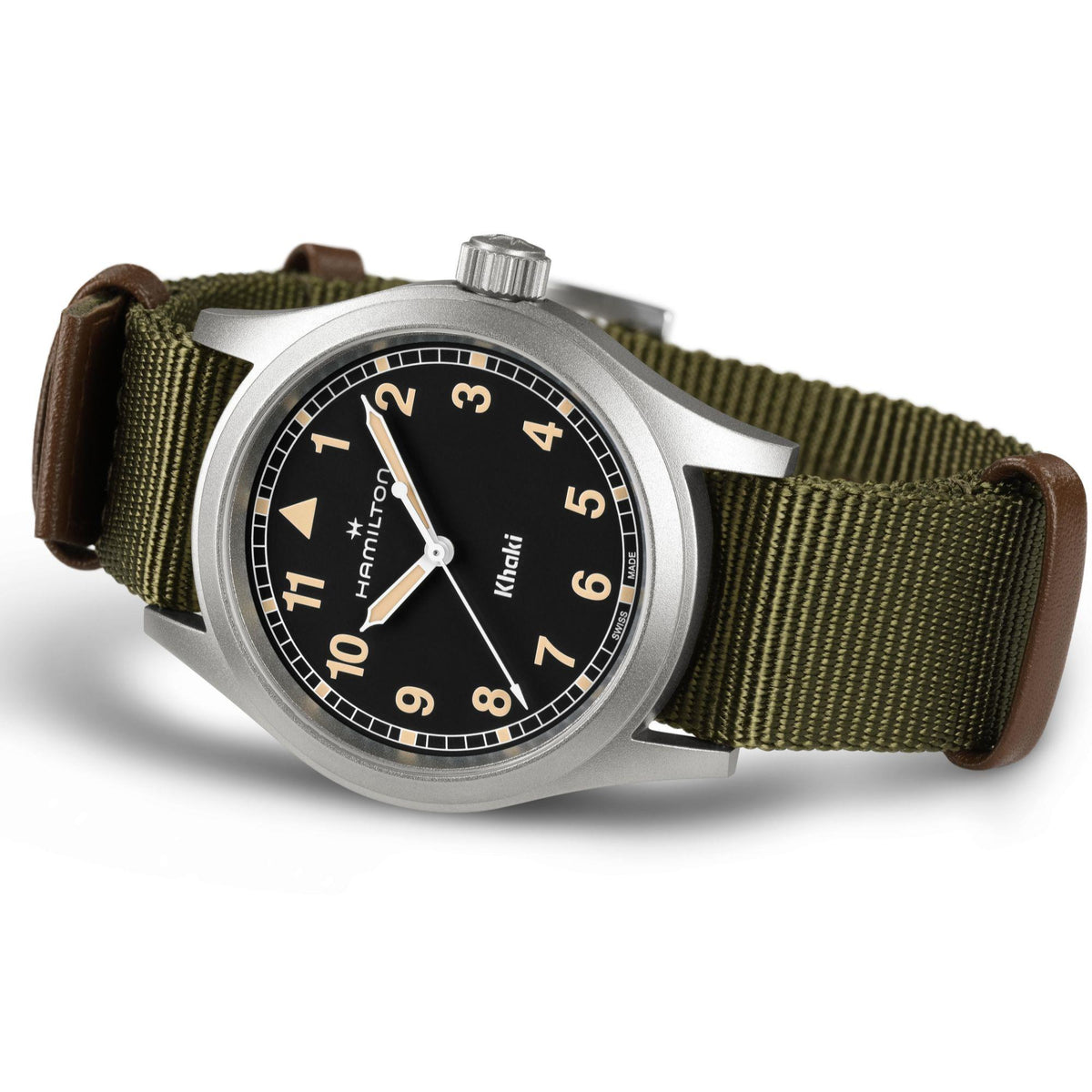 Hamilton Khaki Field H69401930 mens watch angled perspective displaying black dial and olive green woven textile strap
