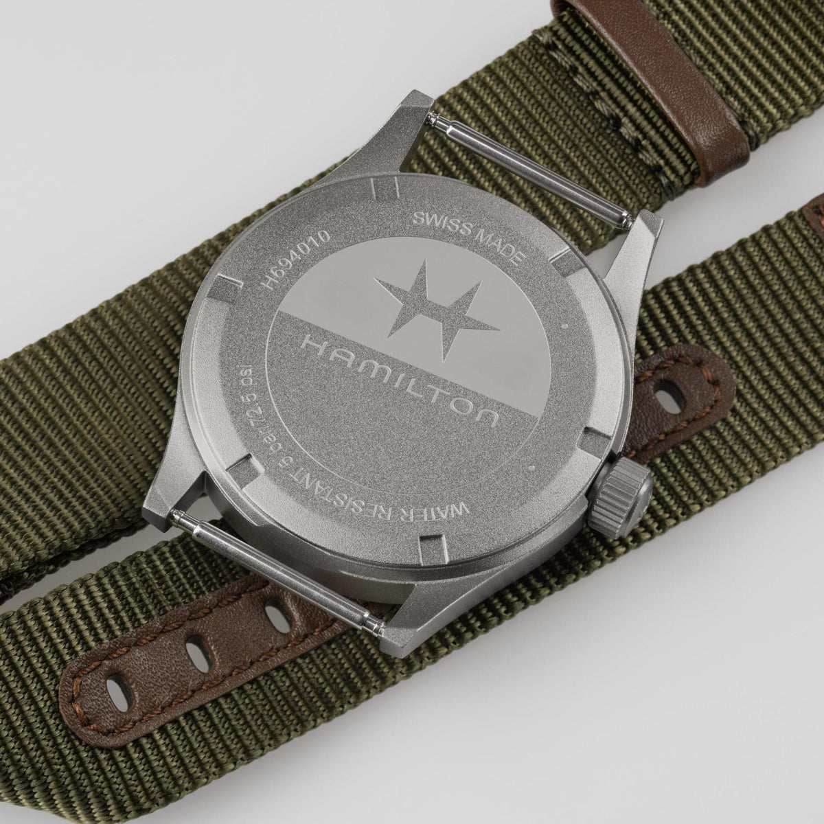Hamilton Khaki Field H69401930 quartz watch stainless steel caseback view featuring engraved logo and solid back plate