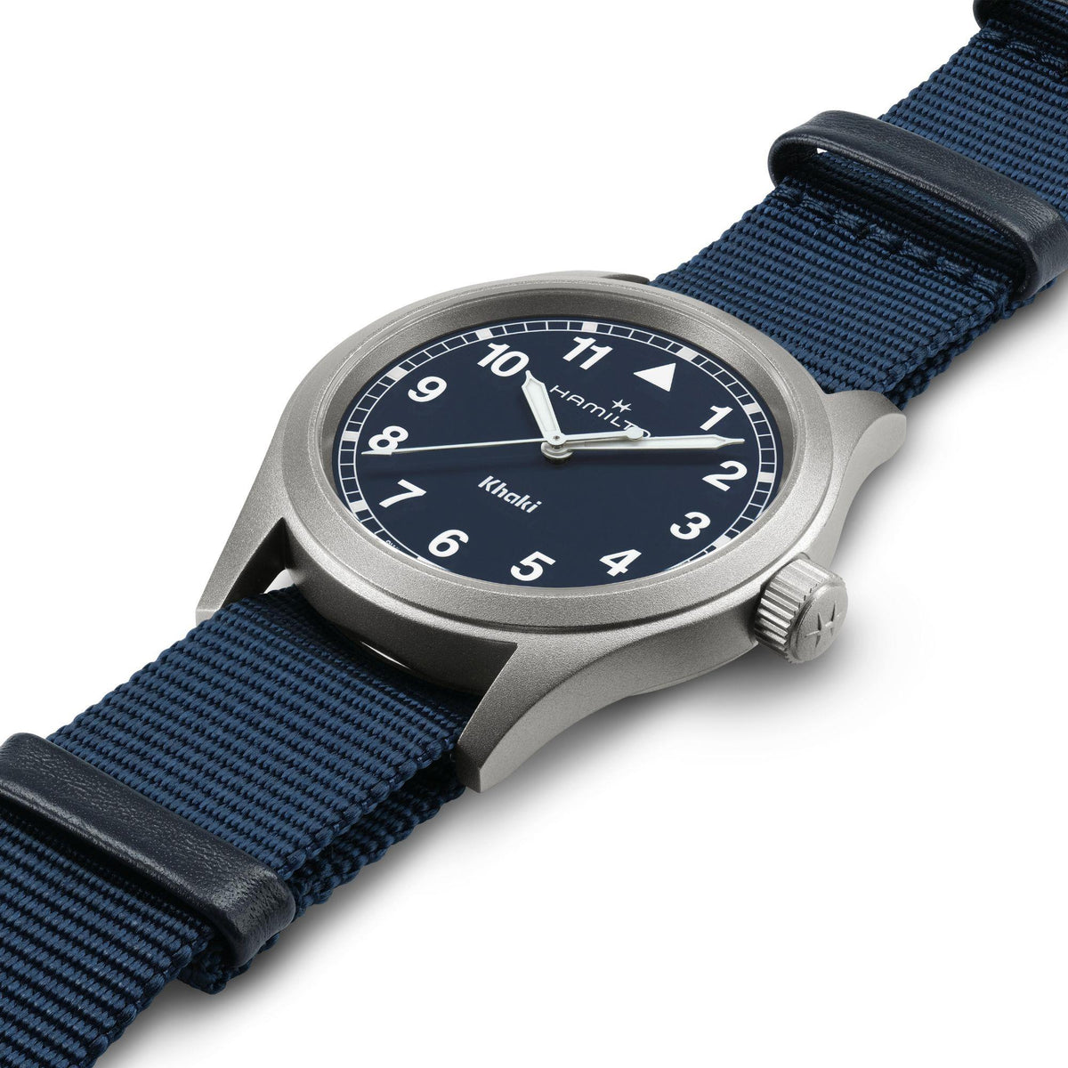 Hamilton Khaki Field men's quartz watch with blue dial and dark blue NATO strap