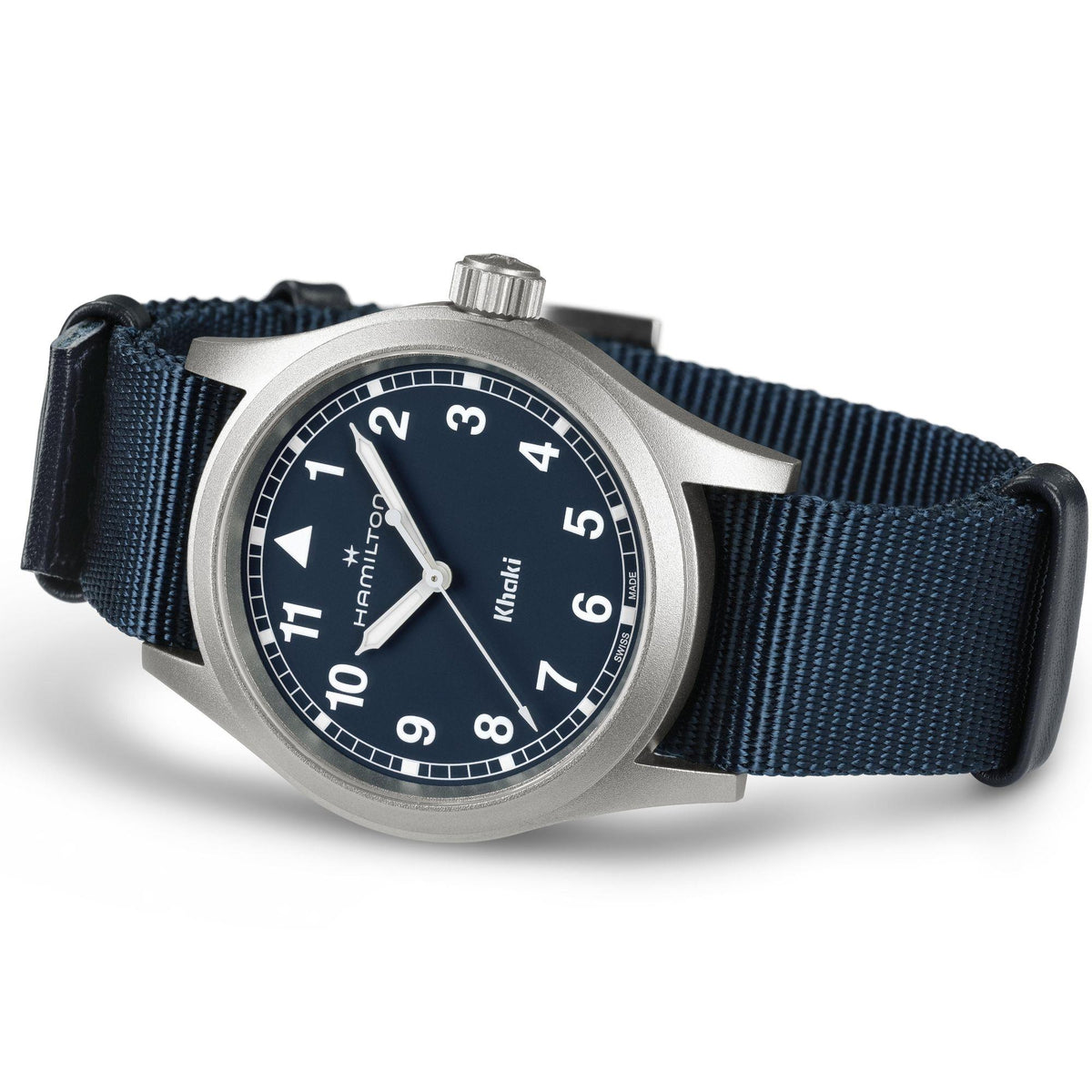 Blue dial quartz watch on dark blue NATO strap with round gray case and crown