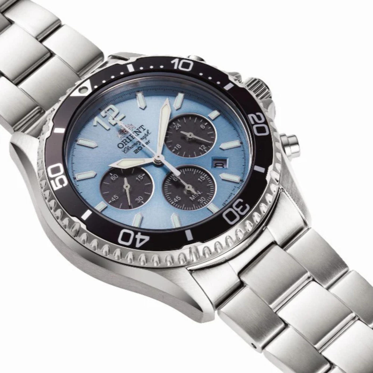 Men's stainless steel chronograph watch with blue dial, black bezel, three subdials.