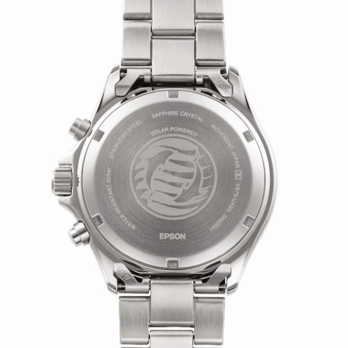 Stainless steel watch back with engraved markings and metal bracelet links.