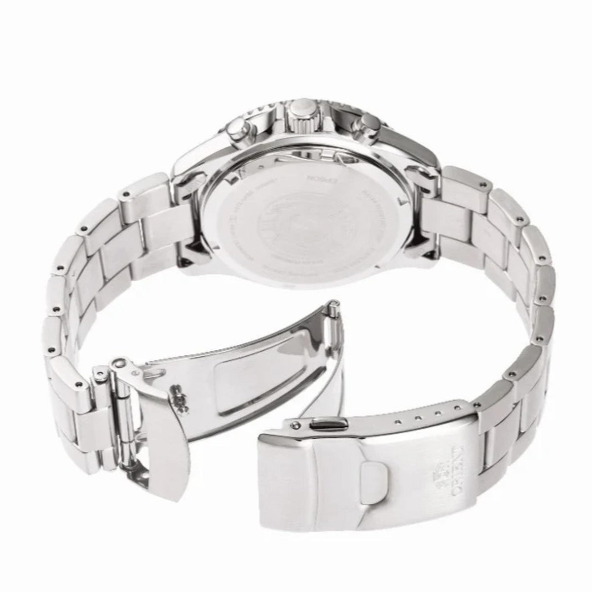 Stainless steel watch case with bracelet, side profile view.