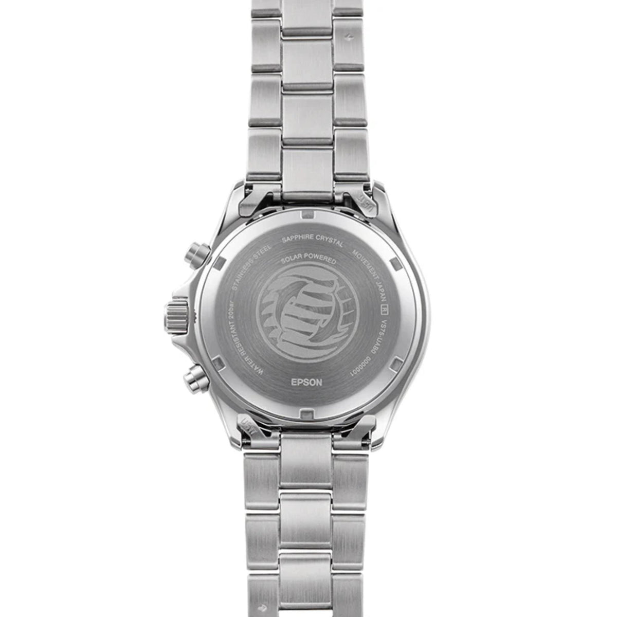 Orient RA-TX0207R10B Mako Solar watch caseback showing solar powered movement and specifications