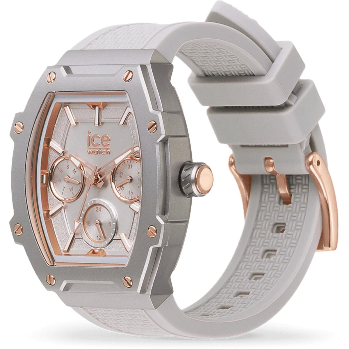 ICE watch with grey dial, rose gold subdials, and light grey silicone strap