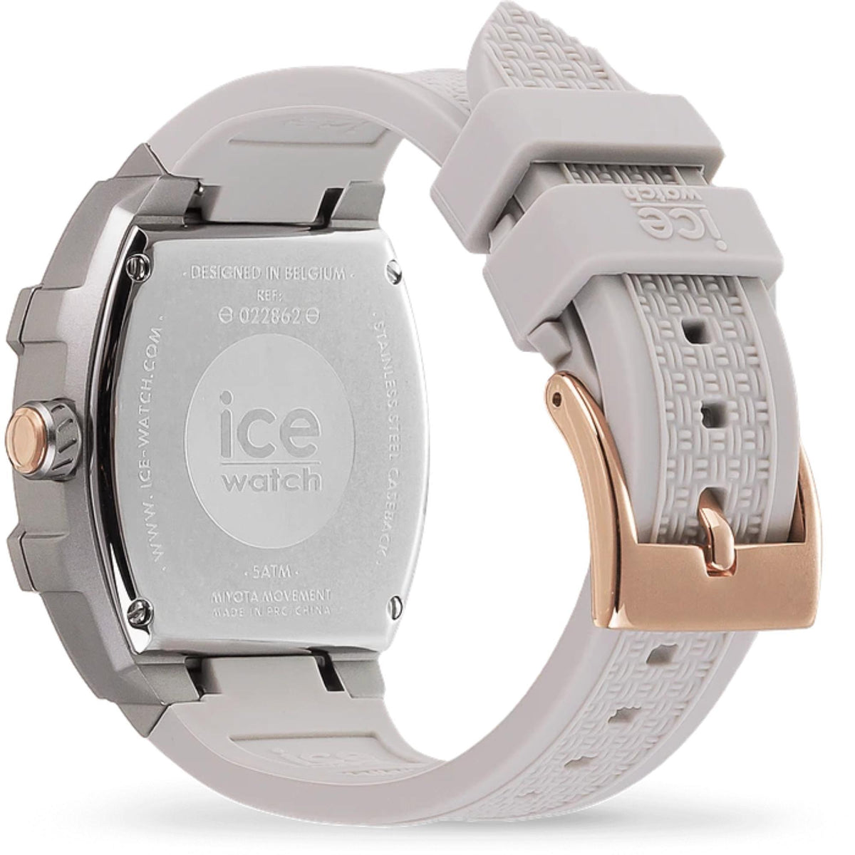 ICE watch with light grey back case, silicone strap, and rose gold buckle accents