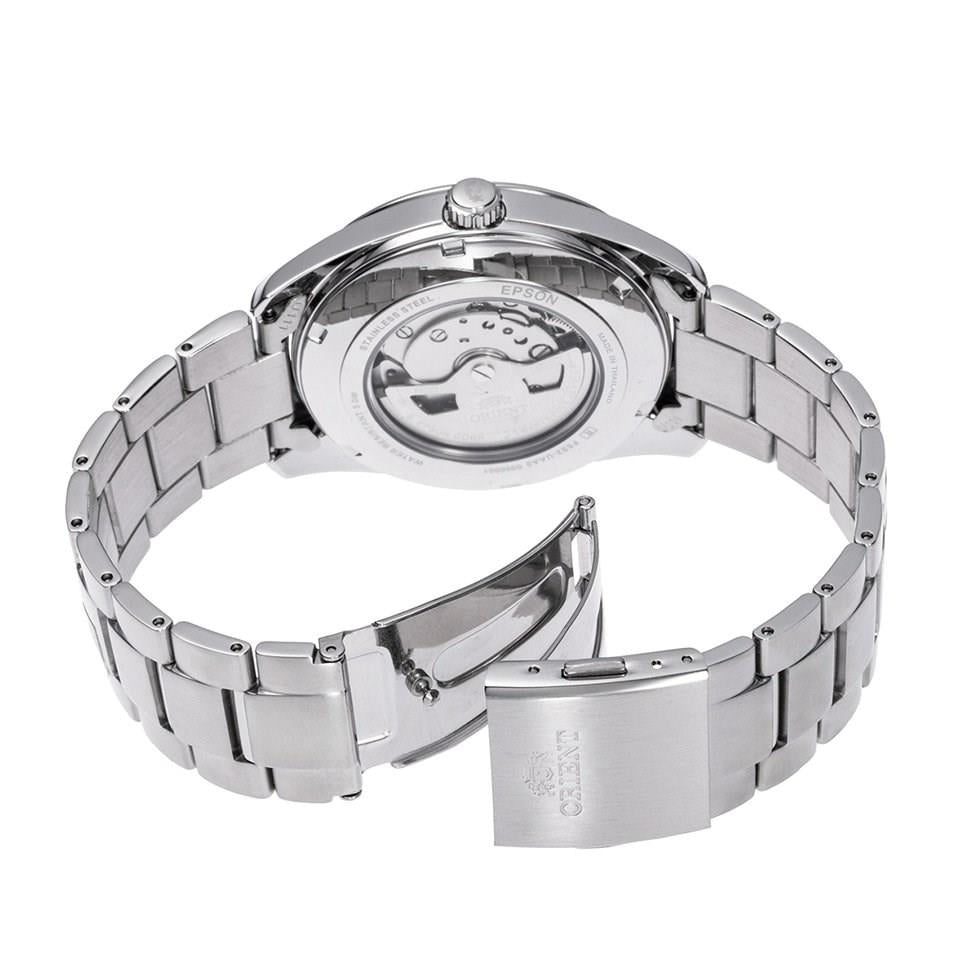 Stainless steel men’s watch case back with metal bracelet and engraved clasp
