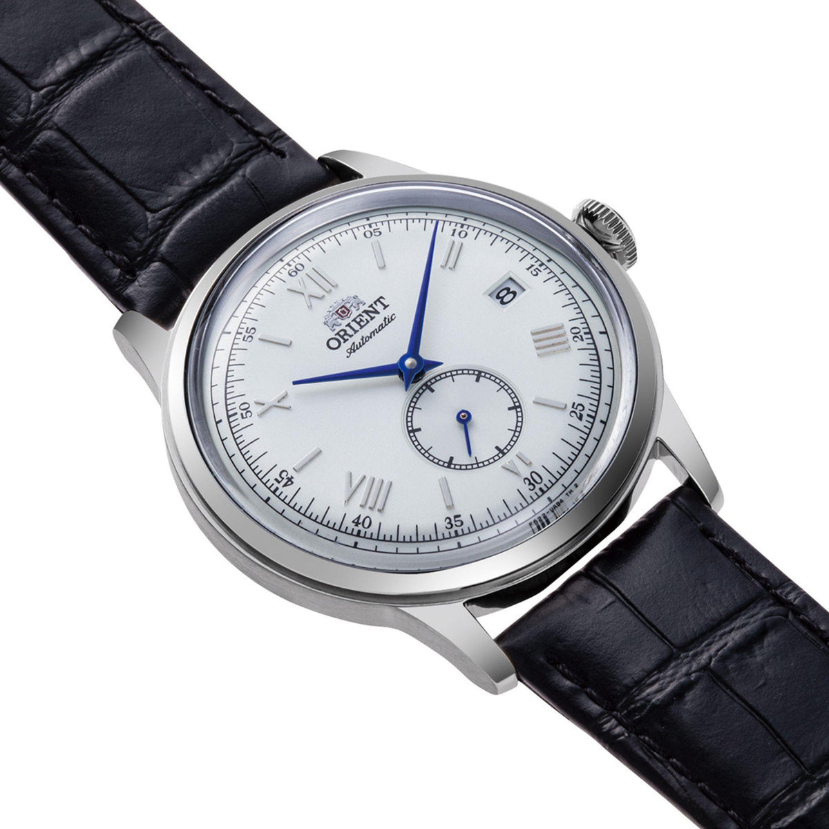Men's automatic watch on black leather strap, silver case with crown on side, white dial