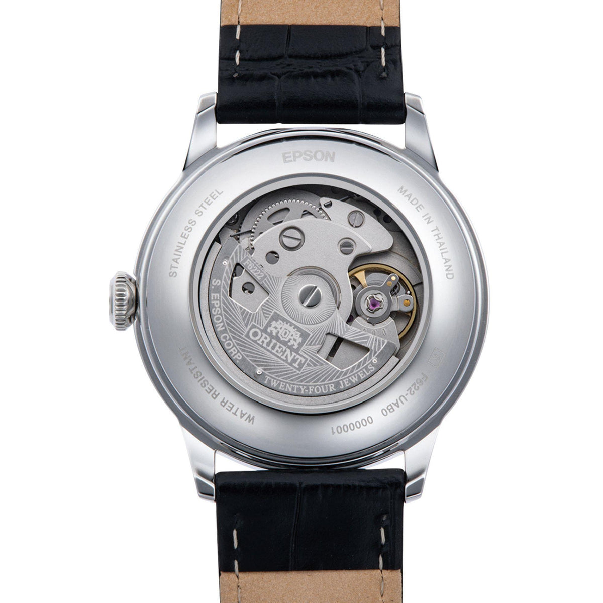 Men's watch back with visible movement, black leather strap, silver stainless steel case