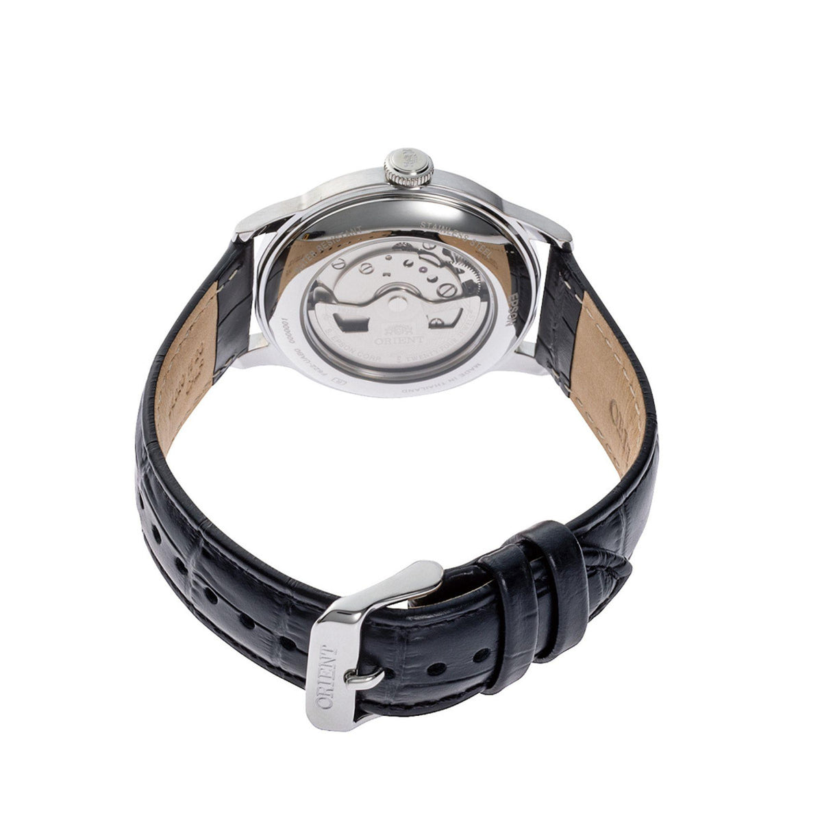 Men's watch with black leather strap and silver buckle, stainless steel case, back view