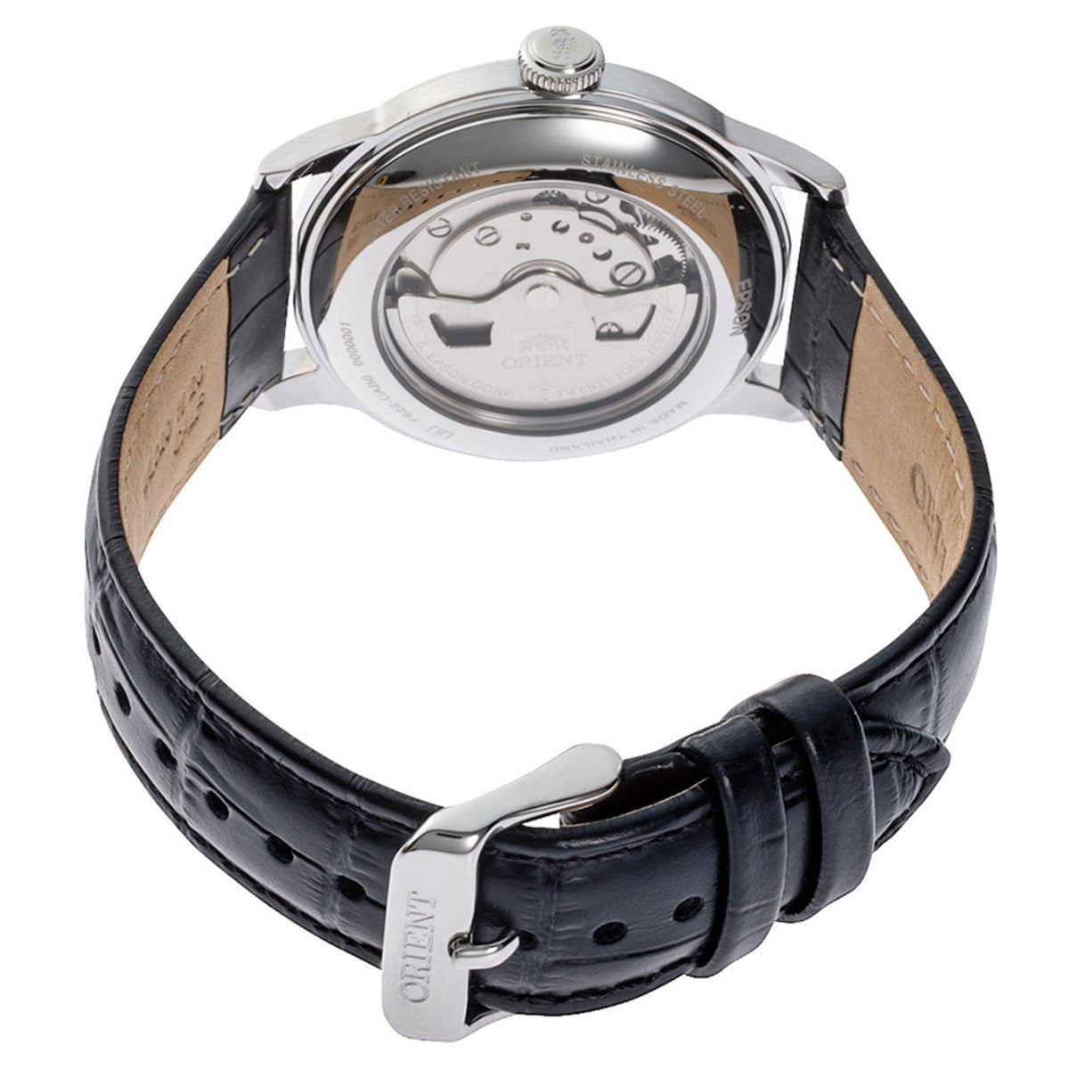 Men's watch with black leather strap, silver buckle, visible case back, tan strap underside