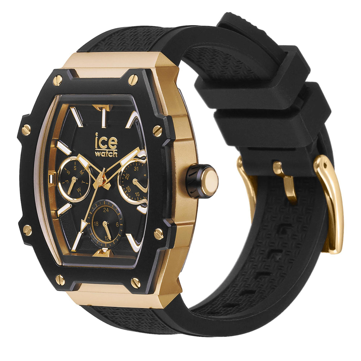 ICE Boliday wrist watch with black dial, gold-tone case and black silicone strap