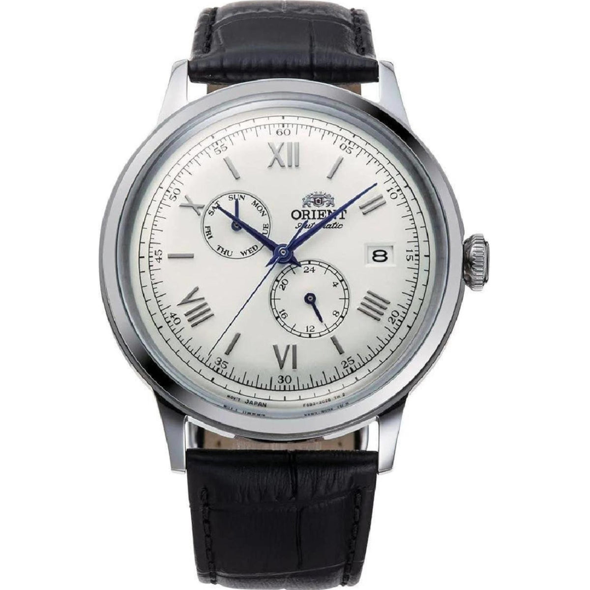 Men's automatic wristwatch with black leather strap and white dial, blue hands and subdials.