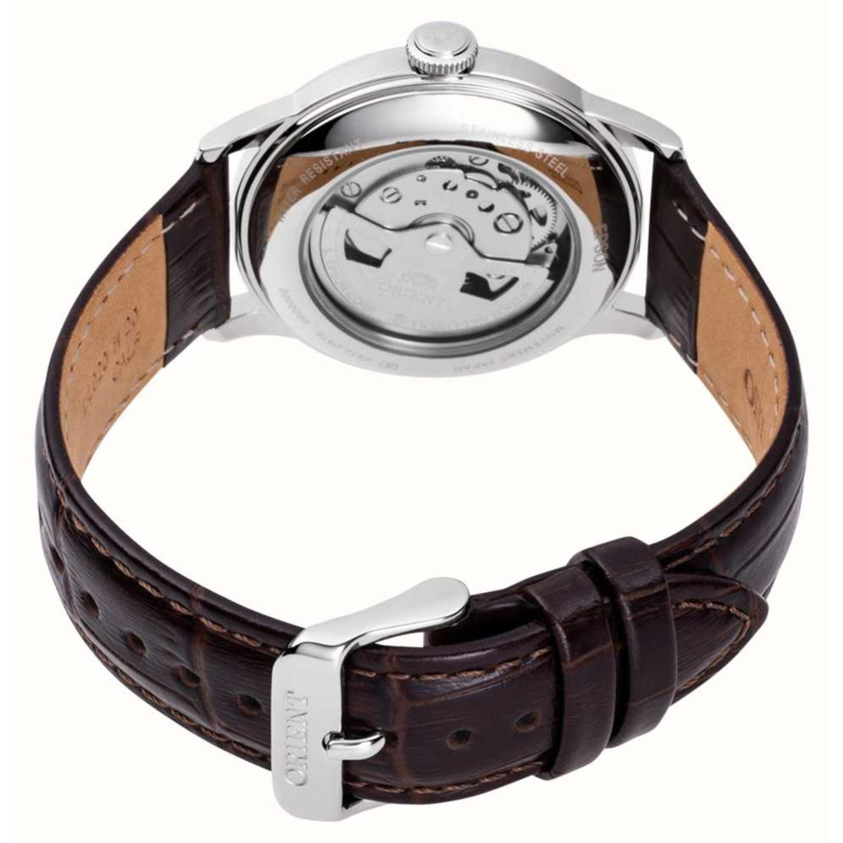 Orient automatic watch caseback with exposed movement, brown leather strap