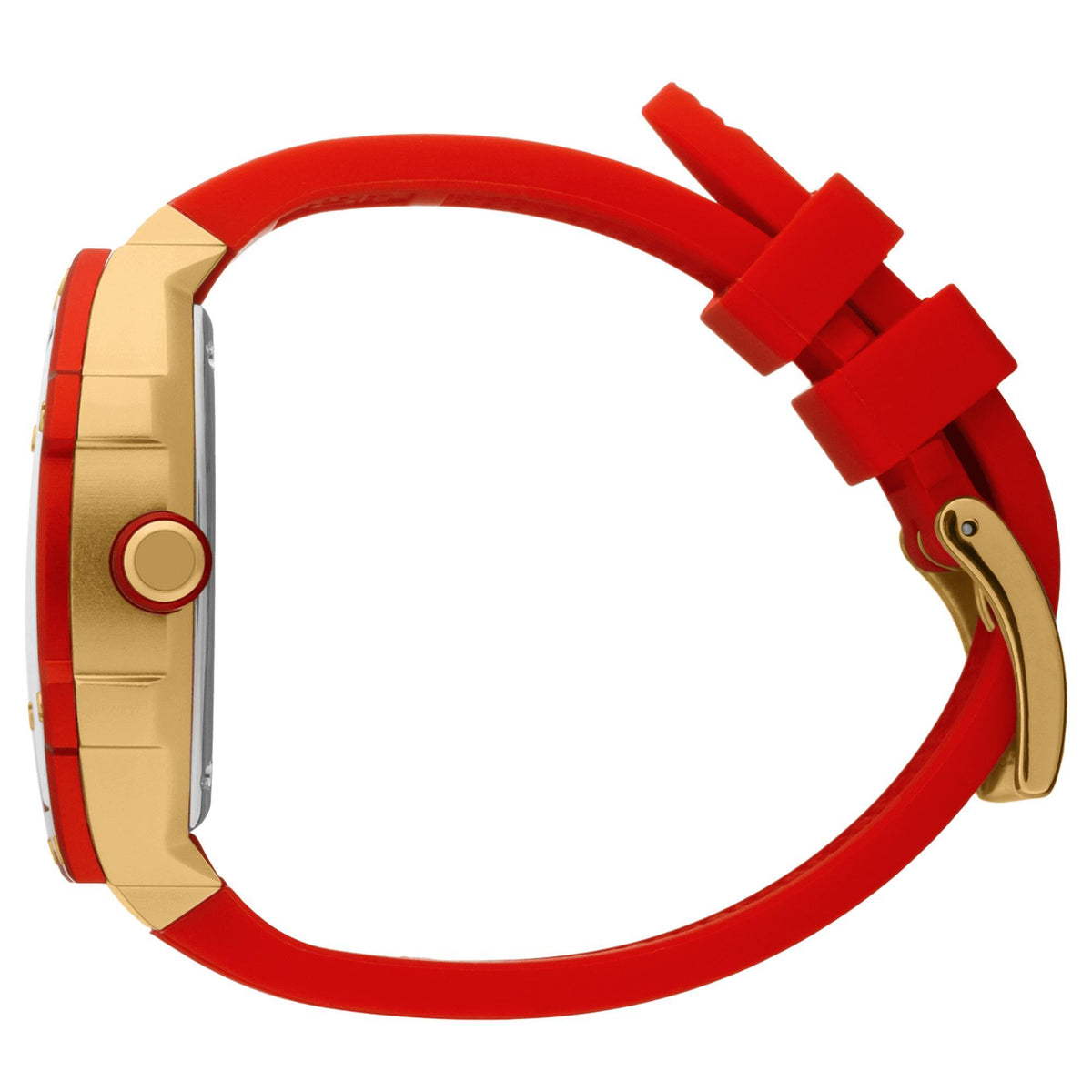 Red silicone strap watch side view with gold case and red buckle