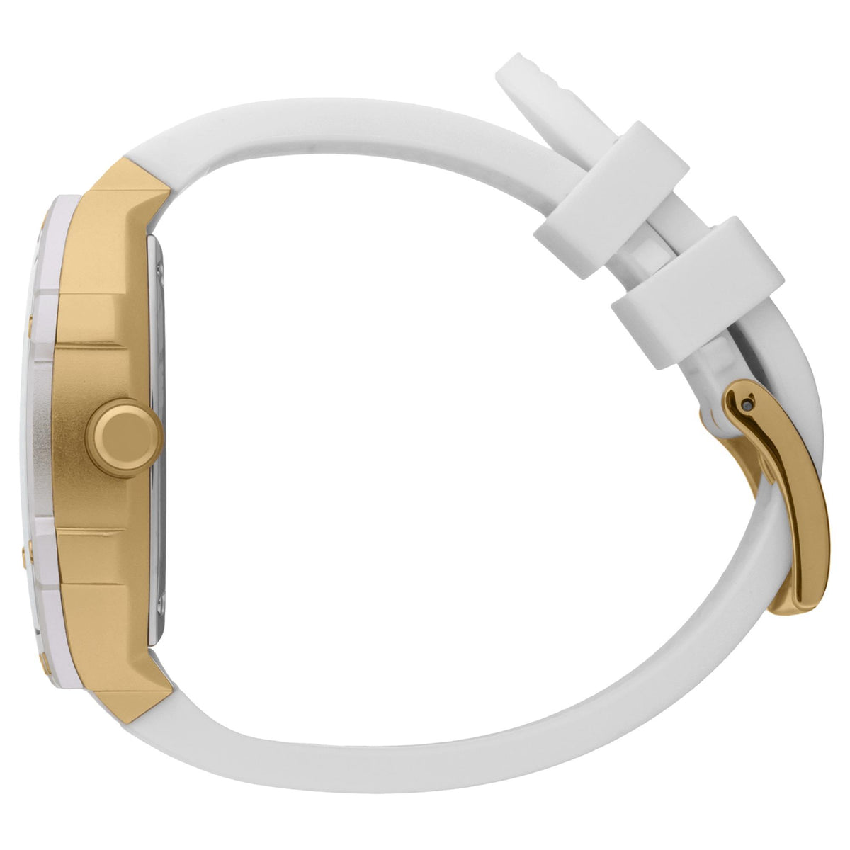 Quartz watch side profile with gold bezel and white silicone strap, buckle clasp