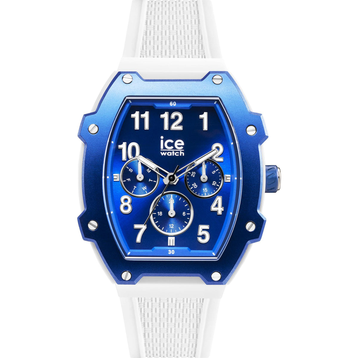 Women’s medium plastic watch with white strap, blue octagon case, blue dial and subdials
