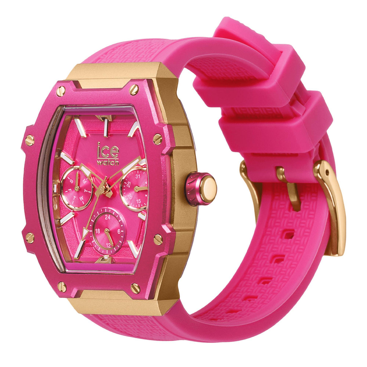 ICE watch quartz wristwatch with pink silicone strap and pink dial, gold bezel