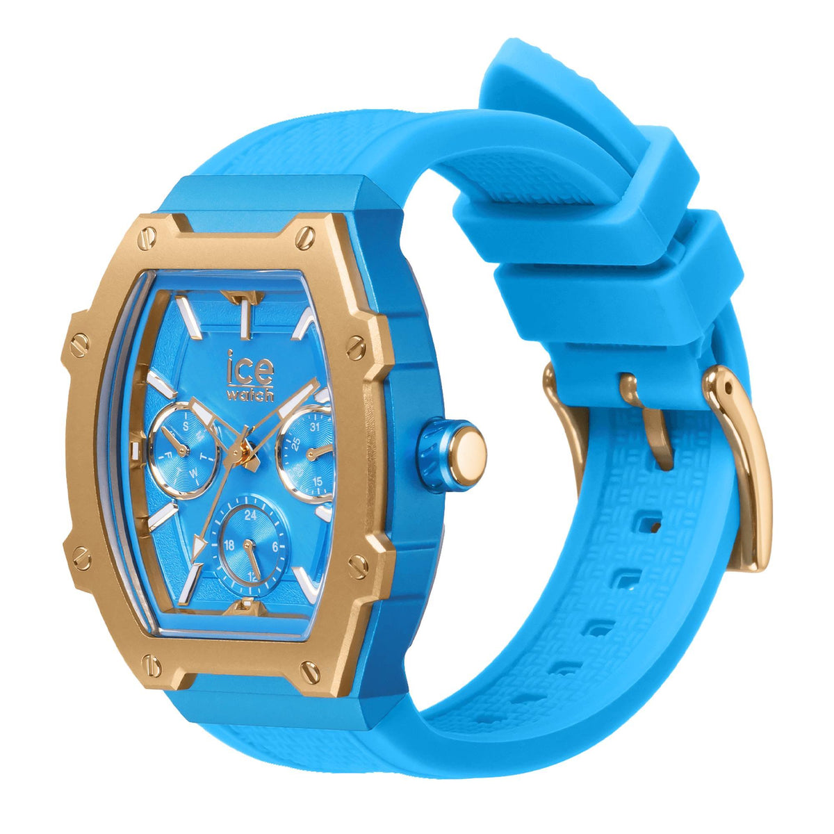 Quartz wristwatch with blue dial and gold-tone case, blue silicone strap