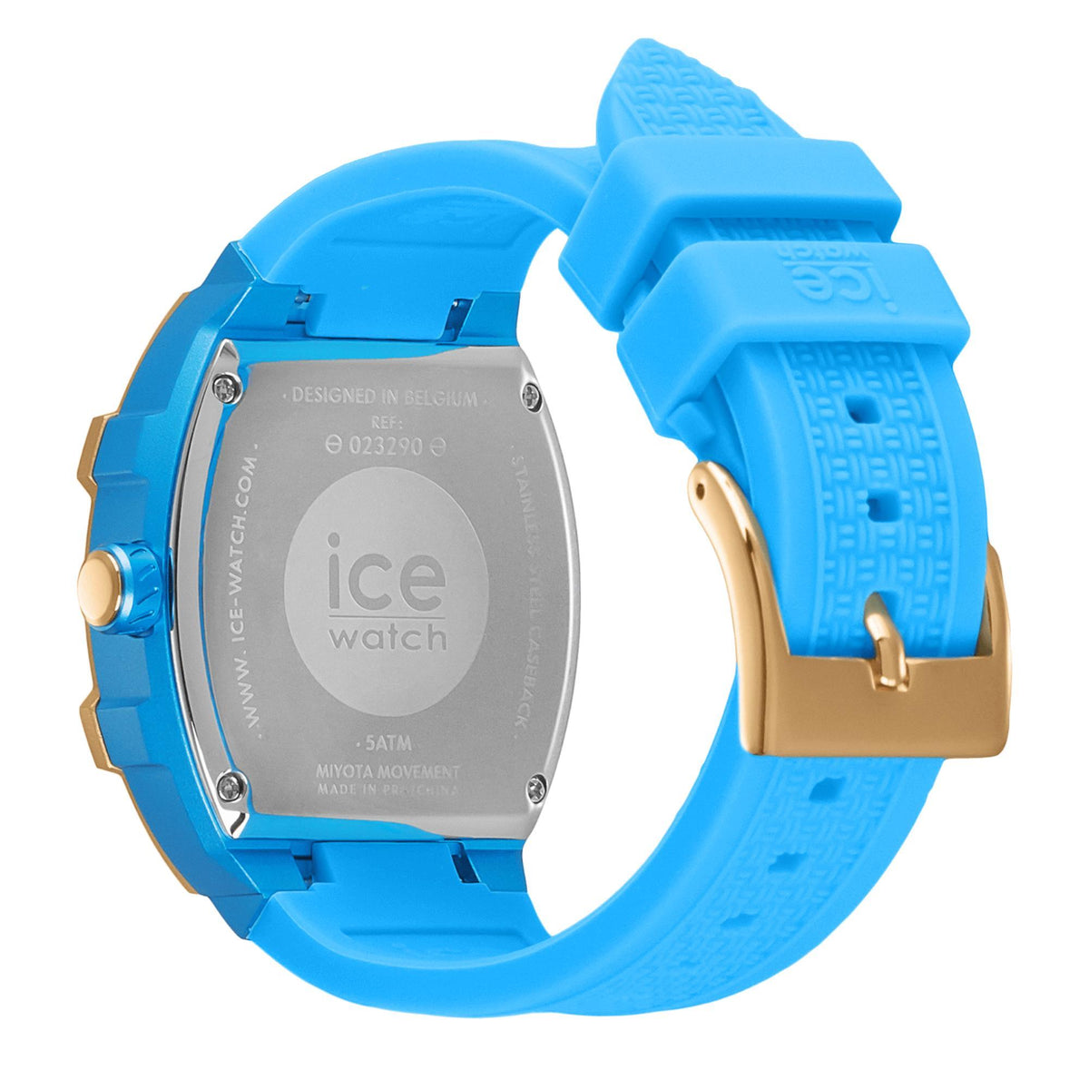 Wristwatch with blue silicone strap and gold-tone case back showing ICE watch text