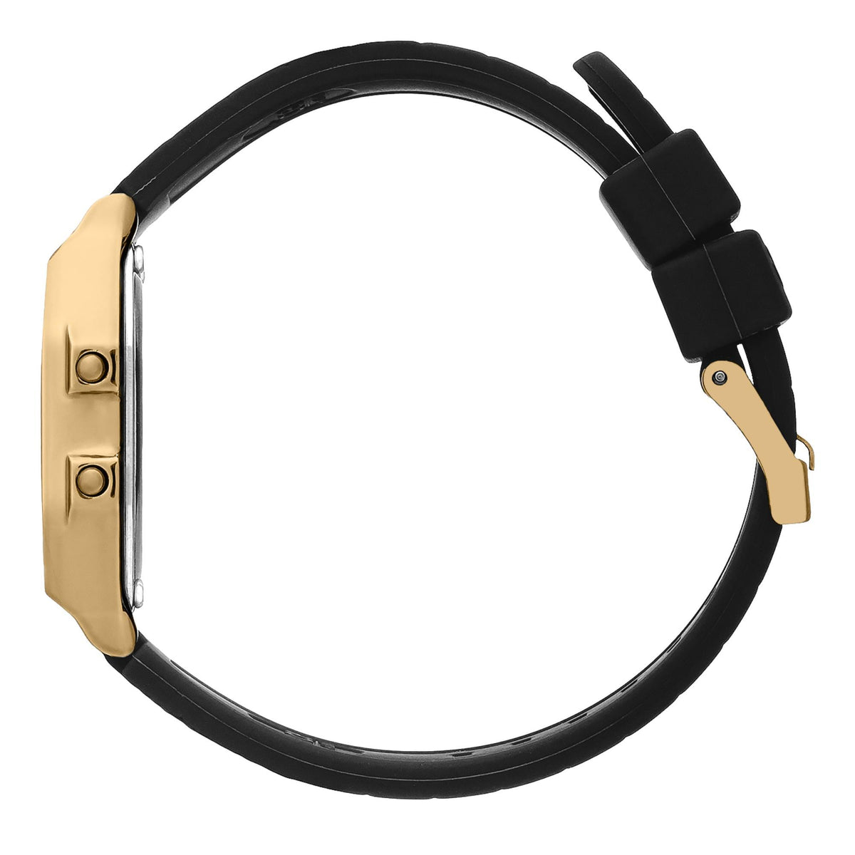 Digital watch with black silicone strap, gold-toned case, and buckle clasp detail