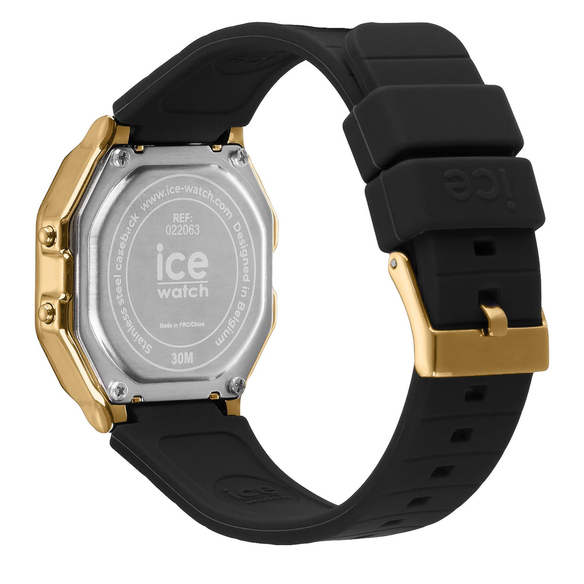 Digital silicone strap watch back with gold case accents and 'ice watch' marking