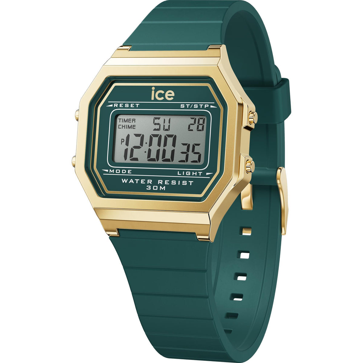 Digital women’s watch with gold-tone case, dark green bezel, and green silicone strap.