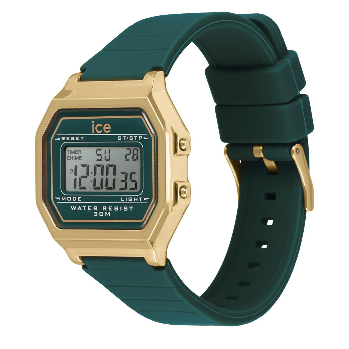Digital women’s watch with green silicone strap and square gold-tone case, front view.
