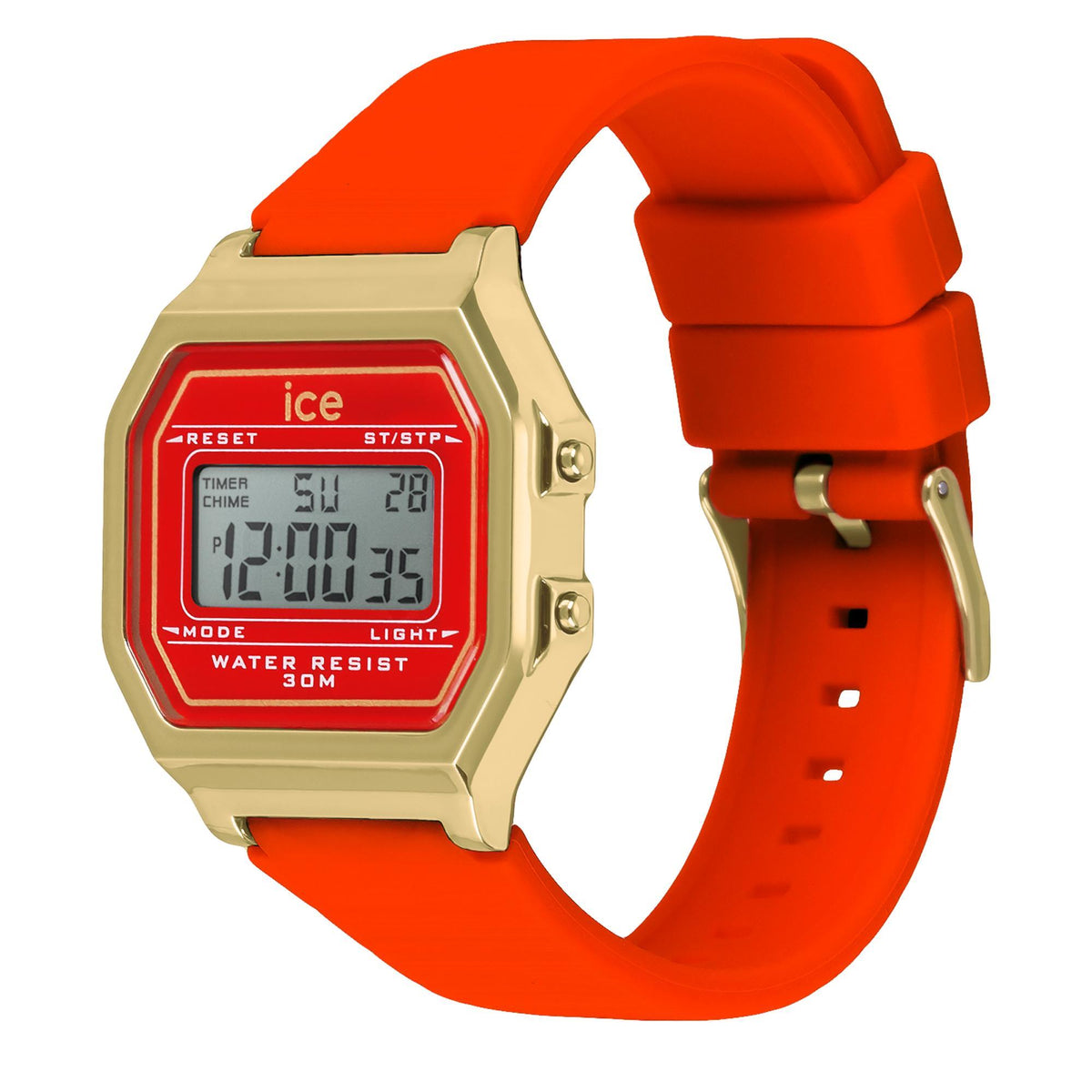 Red digital watch with gold-tone case and red silicone strap, square LCD display