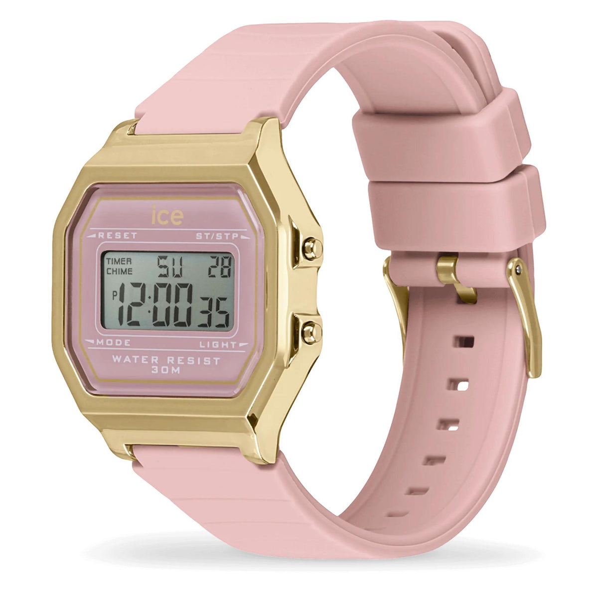 ICE digital watch angled view, pink strap, gold-tone bezel, digital time on LCD screen