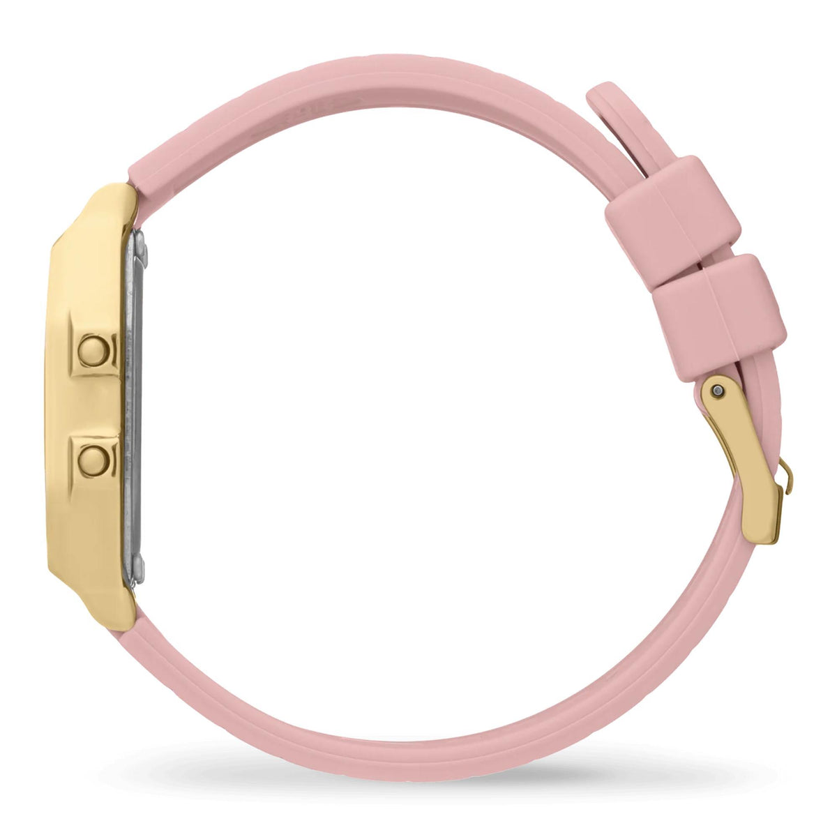 Pink silicone watch strap with buckle and gold-tone clasp, side of the ICE case