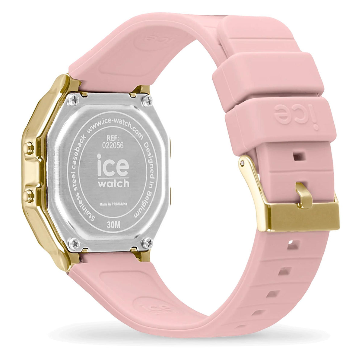 ICE digital watch case back on pink silicone band, stamped markings and gold-tone lugs