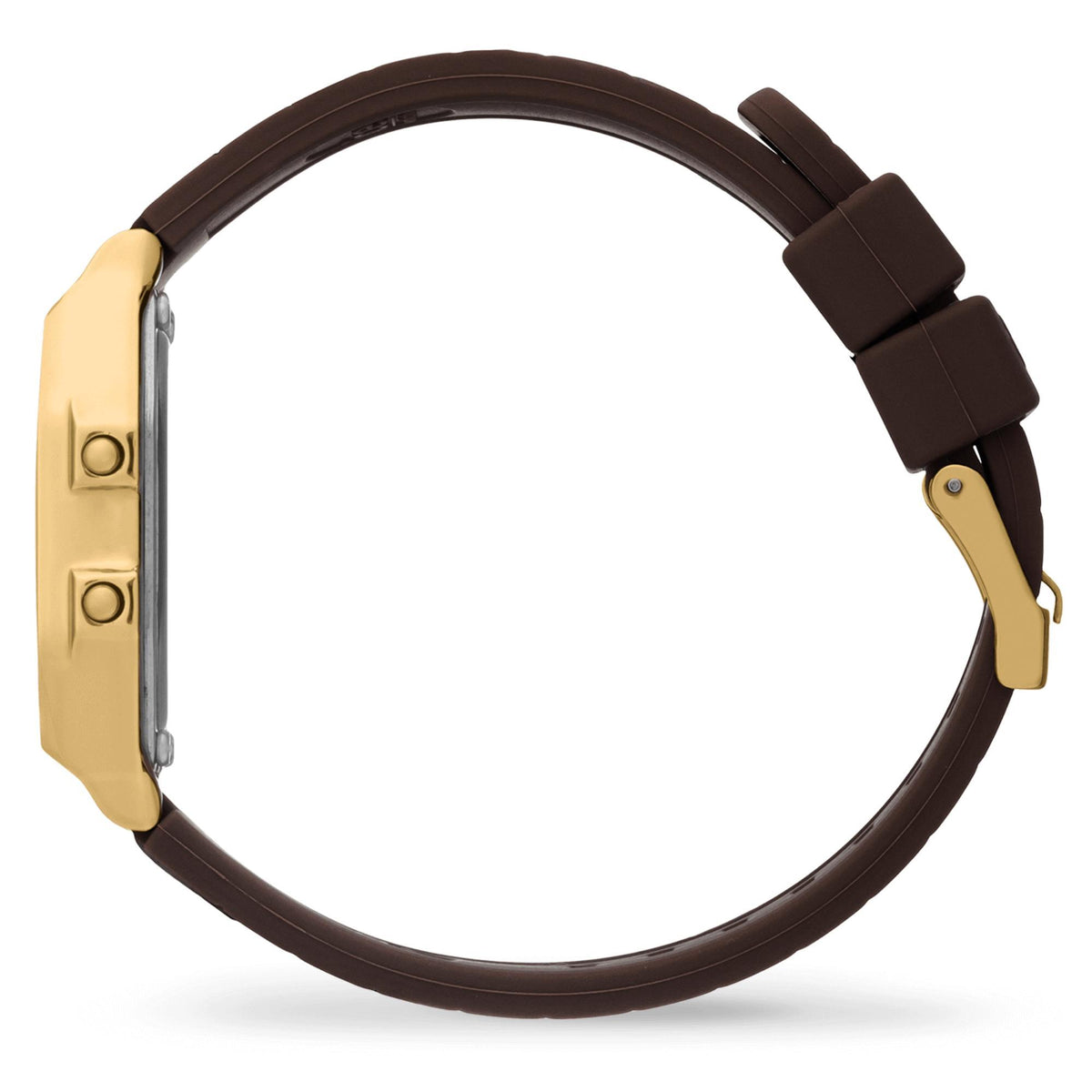 Dark brown silicone strap wristwatch with gold-tone side hardware and buckle clasp
