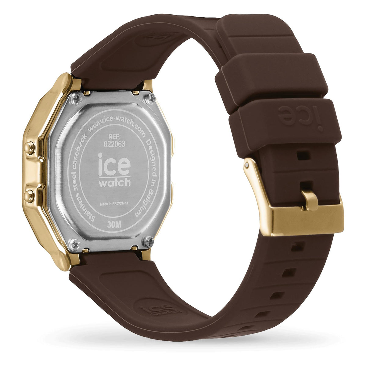 Brown digital wristwatch with silver-tone caseback, gold-tone accents, and dark brown strap