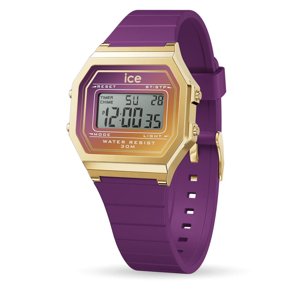 Digital men’s watch with violet silicone strap and gold-toned octagonal case, LCD display
