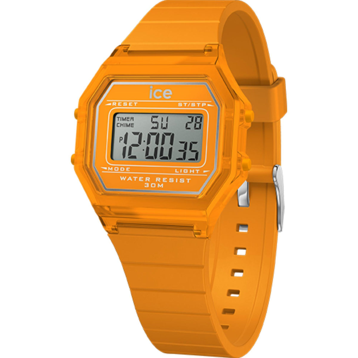 Orange digital men’s watch with clear silicone strap and square LCD display